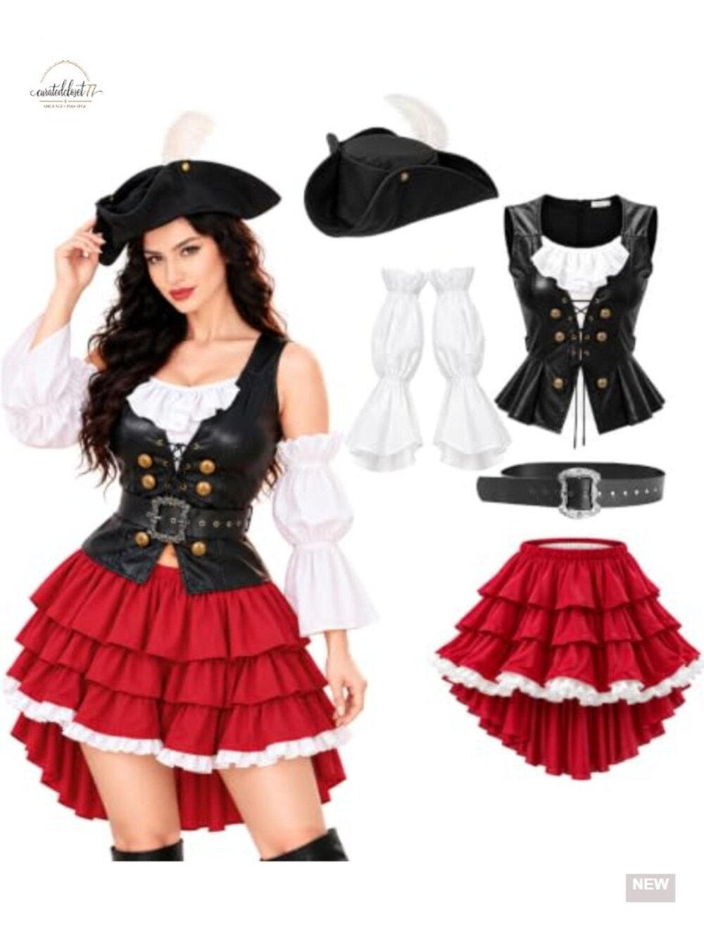 Pirate Costume 5 Piece Faux Leather Corset Vest Hat Belt Skirt LARP